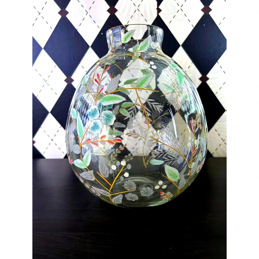 Anthropologie Bella Handpainted Floral Glass Vase Large 9.5 Inch